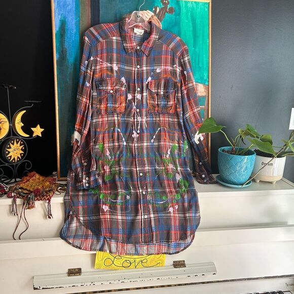 Wilfred Red and Blue Plaid Shirt Hand Painted Small - Picture 3 of 16